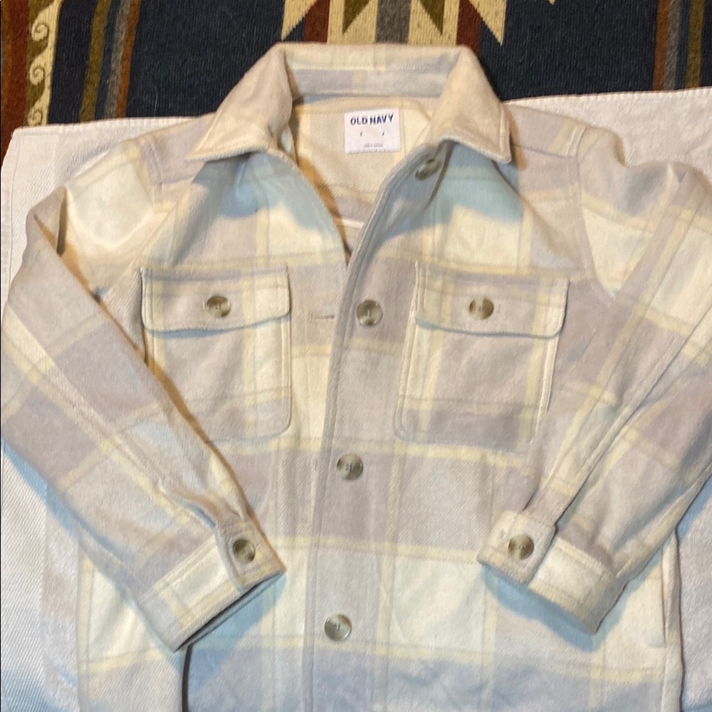 Old Navy Cream and Gray Plaid Shirt Jacket